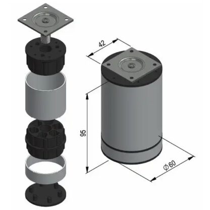 Design meubelpoten, set van 4, kleur: alu zilver, diameter: ⌀60 mm (2-3/8"), van SISO - Afbeelding 3