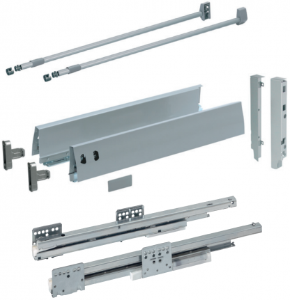 Volledig uittrekbare lade GRASS met ronde rail, gedempt, gesynchroniseerd, 40 kg, hoogte 95 mm + railing, DWD-XP Dynamic XP