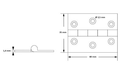 2 stuks hoogwaardige messing meubelscharnieren, geperforeerd, 40x35x1,4 mm; geschuurd - Afbeelding 4