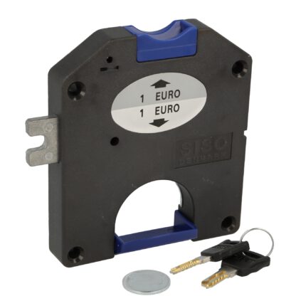 Statiegeldslot voor 1 euro muntstukken, kluisslot rechtshandig. Muntslot voor lockers, garderobekasten, schoolkluisjes, kasten enz. van SISO / UMAXO®.