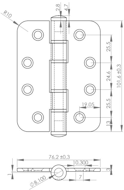 2 stuks hoogwaardige SISO / UMAXO® deurscharnieren van massief RVS 102 mm, met afgeronde hoeken, incl. Schroeven. Deurscharnier voor zware deuren. Roestvrijstalen scharnier SUS304 (V2A), materiaaldikte 3mm - Afbeelding 2