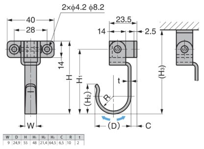 Hoogwaardige draaibare haak van roestvrij staal voor wand- en plafondmontage, klein. Roestvrij stalen haak UC-048 van Sugatsune / Lamp (Japan) - Afbeelding 2