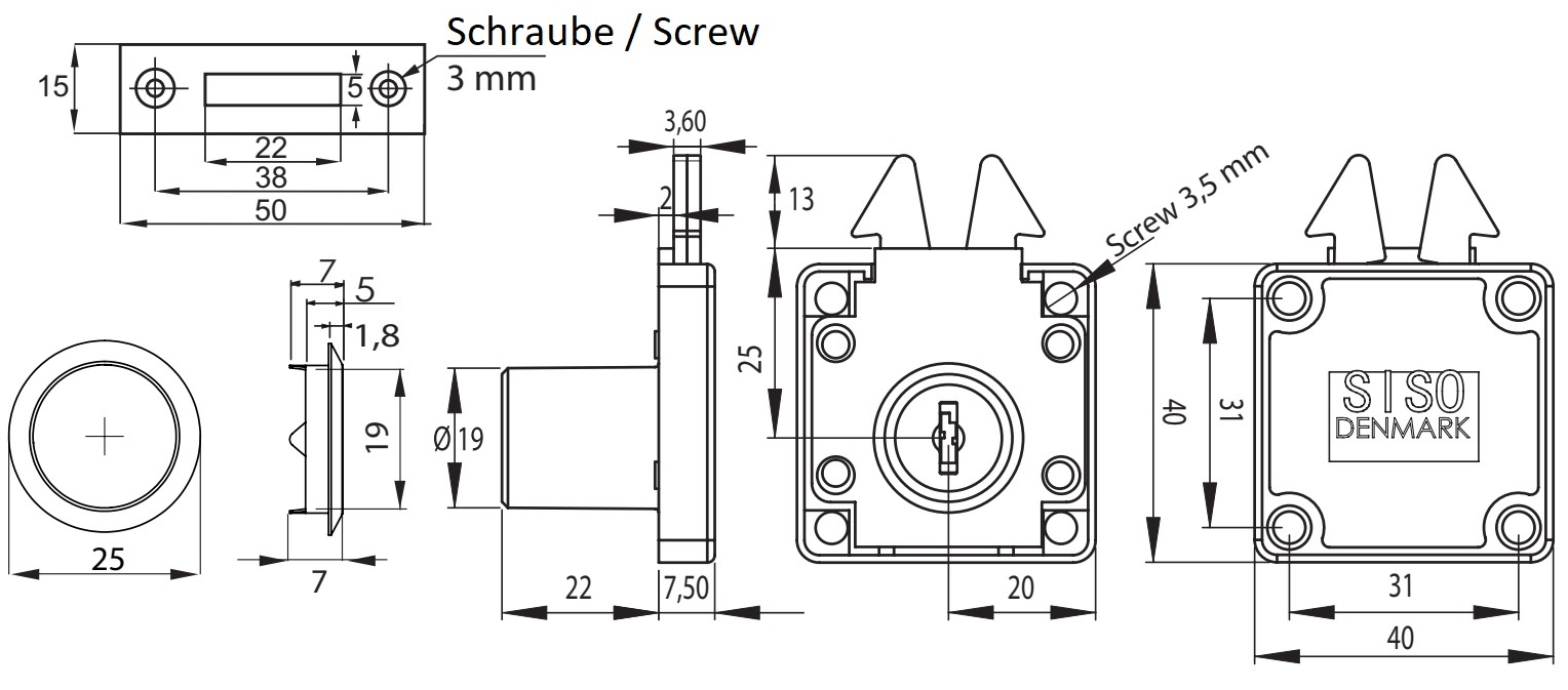 Hoogwaardig opschroefbaar rolluikslot, oppervlak: vernikkeld, uitvoering: gelijksluitend, 14.01.460-5. Schuifdeurslot voor rolluiken, meubelschuifdeuren en nog veel meer, van SISO Denemarken - Afbeelding 2
