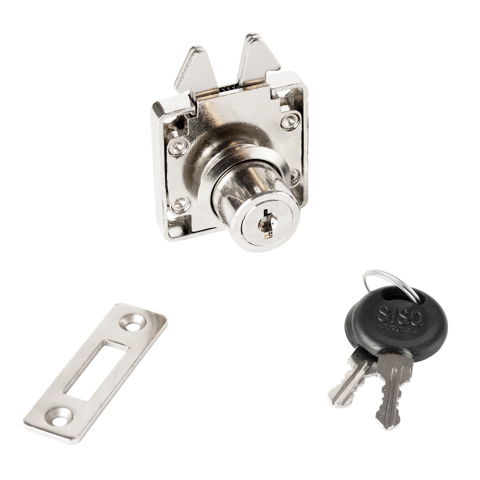 Hoogwaardig opschroefbaar rolluikslot, oppervlak: vernikkeld, uitvoering: gelijksluitend, 14.01.460-5. Schuifdeurslot voor rolluiken, meubelschuifdeuren en nog veel meer, van SISO Denemarken