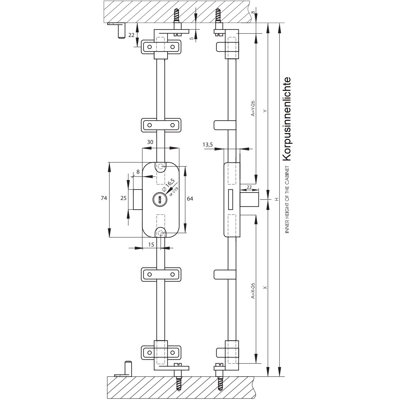 Draaistangslot incl. 2 zwenkstangen 1000 mm, gelijksluitend, rechtsvergrendeld, oppervlak: vernikkeld, 14.05.268+2x14.05.720. Espagnoletslot voor meubels, kledingkast, kledingkast en nog veel meer, set voor een kastdeur, door SISO Denmark - Afbeelding 8