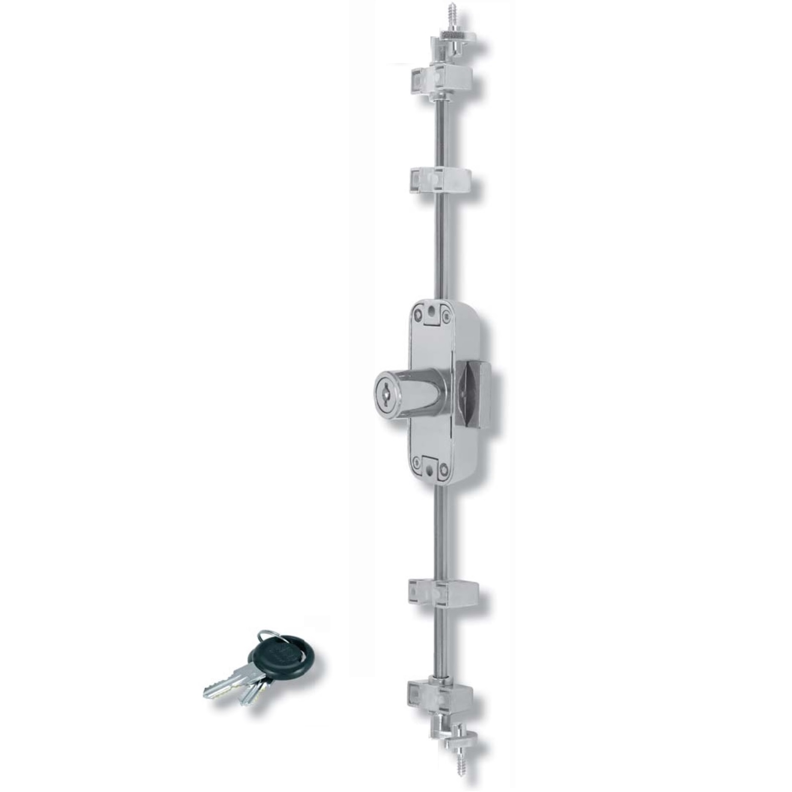 Draaistangslot incl. 2 zwenkstangen 1000 mm, gelijksluitend, rechtsvergrendeld, oppervlak: vernikkeld, 14.05.268+2x14.05.720. Espagnoletslot voor meubels, kledingkast, kledingkast en nog veel meer, set voor een kastdeur, door SISO Denmark