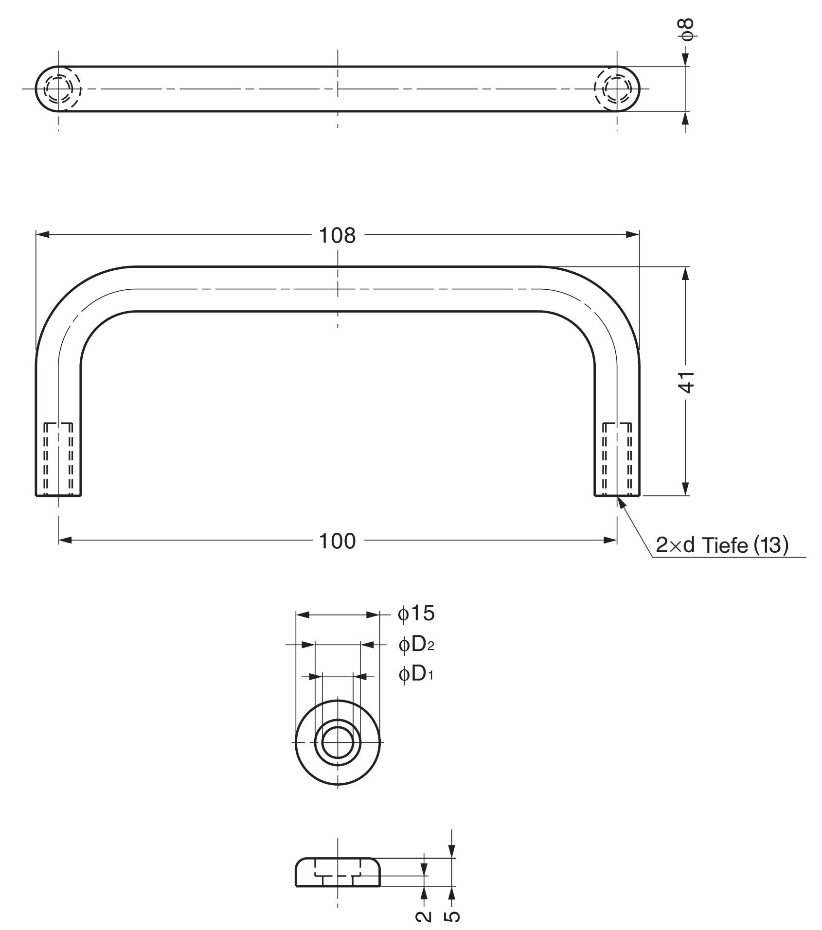 RVS deurkruk V2A (SUS304) met ring, 108 mm (4,3″) T-100-8S. Hoogwaardige RVS deurkruk van RVS V2A (SUS304), hoogglans gepolijst, voor vochtige omgevingen, schepen, medisch gebied door Sugatsune / LAMP® (Japan) - Afbeelding 2
