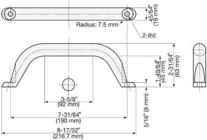 RVS meubelgreep SUS316, 216,7mm (8,6″) MG-190. Solide, stabiele handgreep van het fijnste corrosievrije roestvrij staal V4A (SUS316) voor hoogwaardige faciliteiten, buitenruimtes, vochtige, ruwe en sterk corrosieve omgevingen van Sugatsune / LAMP® (Japan) - Afbeelding 2