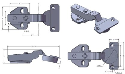 Roestvrijstalen meubelscharnier gemaakt van SUS304 (V2A) met geïntegreerde soft-close demping, semi-rustend, incl. Montageplaat, 117 mm (4.7") 15.03.765-0. Roestvrijstalen meubelriem met demper, gemaakt van SUS304 (V2A) voor boot, roestvrijstalen keuken, - Afbeelding 2