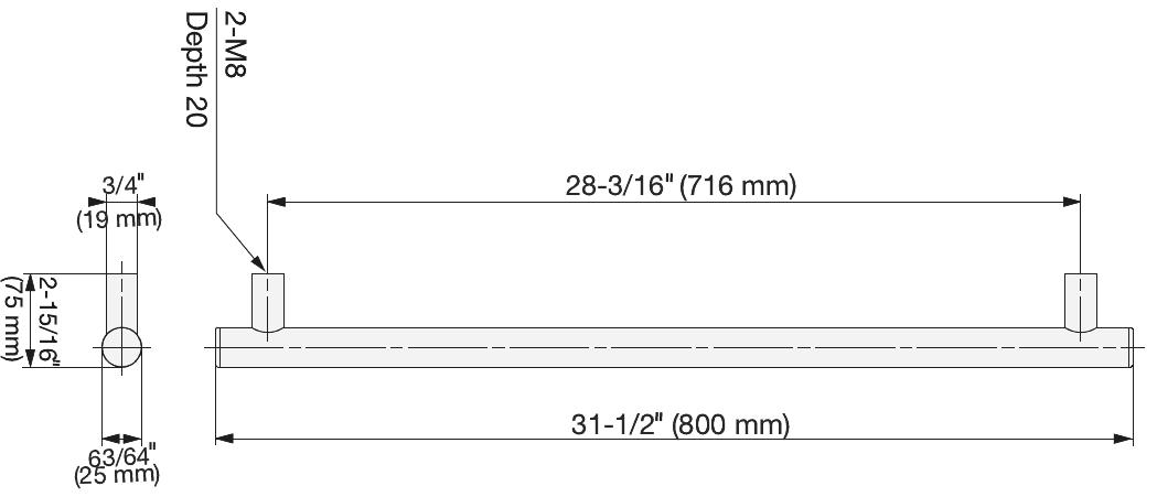 Roestvrijstalen deurklink SUS304, 800 mm (31-1/2"), SSH-2580. Massieve roestvrijstalen deurklink gemaakt van roestvrij staal V2A, satijn mat, voor kamerdeur, productiemachine, trein, bus, speciaal voertuig, door Sugatsune / LAMP® (Japan) - Afbeelding 2