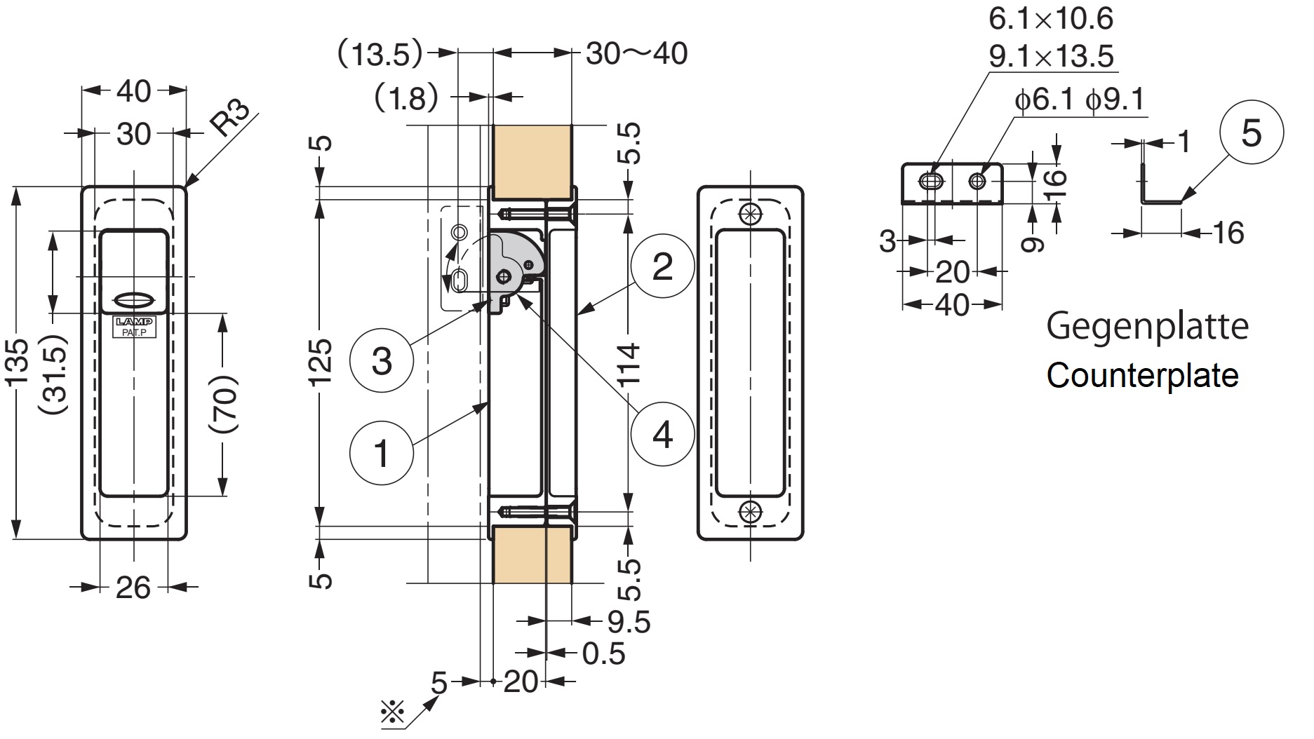 Inlaatgreep van zinklegering met geïntegreerde uitklapbare deurstop, afwerking: vernikkeld, satijn mat, 135 mm (5,4") HH-P135SN. Inlaatgreep HH-P135SN met bumperstop voor schuifdeur, van Sugatsune / LAMP® (Japan) - Afbeelding 4