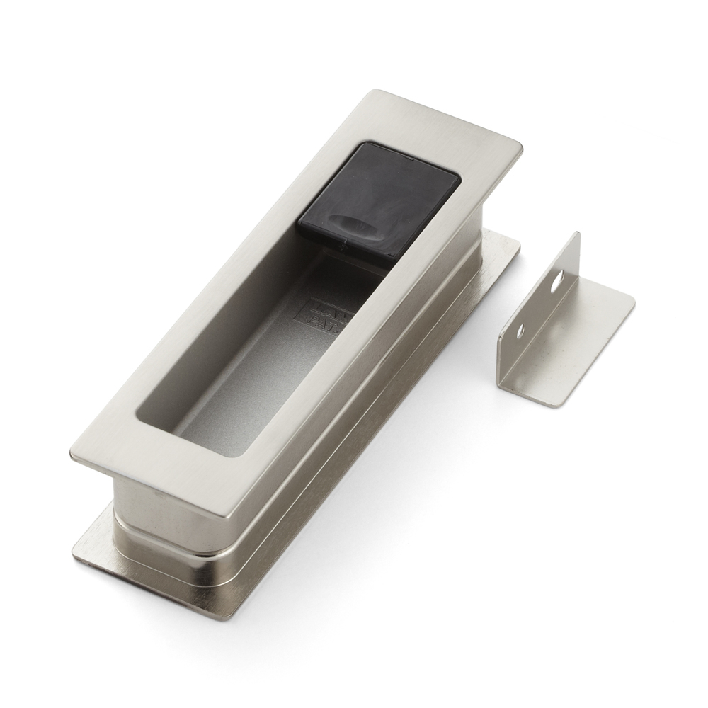 Inlaatgreep van zinklegering met geïntegreerde uitklapbare deurstop, afwerking: vernikkeld, satijn mat, 135 mm (5,4") HH-P135SN. Inlaatgreep HH-P135SN met bumperstop voor schuifdeur, van Sugatsune / LAMP® (Japan) - Afbeelding 2