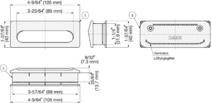 Unieke ventilatiegreep schaal V2A (SUS304), grijs, 105 mm (4-1/8) UTA-105GR. Ventilatiehandgreepschaal van roestvrij staal V2A (SUS304), satijnmat, voor laden, kasten, vochtige omgevingen, schepen van Sugatsune / LAMP® (Japan) - Afbeelding 2
