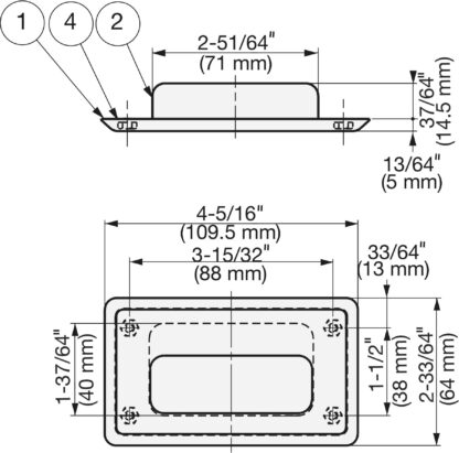 Exclusief RVS handvat cup SUS304, 109,5 mm (4-5/16") HH-FC-2. Roestvrijstalen handgreepschaal van roestvrij staal V2A, satijnmat, voor laden, kasten, vochtige omgevingen, schepen, machines, apparaten van Sugatsune / LAMP® (Japan) - Afbeelding 2