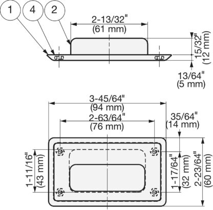 Exclusief RVS handvat cup SUS304, 94 mm (3-11/16") HH-FC-3M. Roestvrijstalen handgreepschaal van roestvrij staal V2A, hoogglans gepolijst, voor laden, kasten, vochtige omgevingen, schepen, machines, apparaten van Sugatsune / LAMP® (Japan) - Afbeelding 2