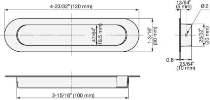 Exclusief ovale RVS handgreepbeker SUS304, 120 mm (4-23/32") HN-120SH. Ovale roestvrijstalen handgreepschaal van roestvrij staal V2A, satijnmat, voor laden, kasten, vochtige omgevingen, schepen, jachten, caravans van Sugatsune / LAMP® (Japan) - Afbeelding 2