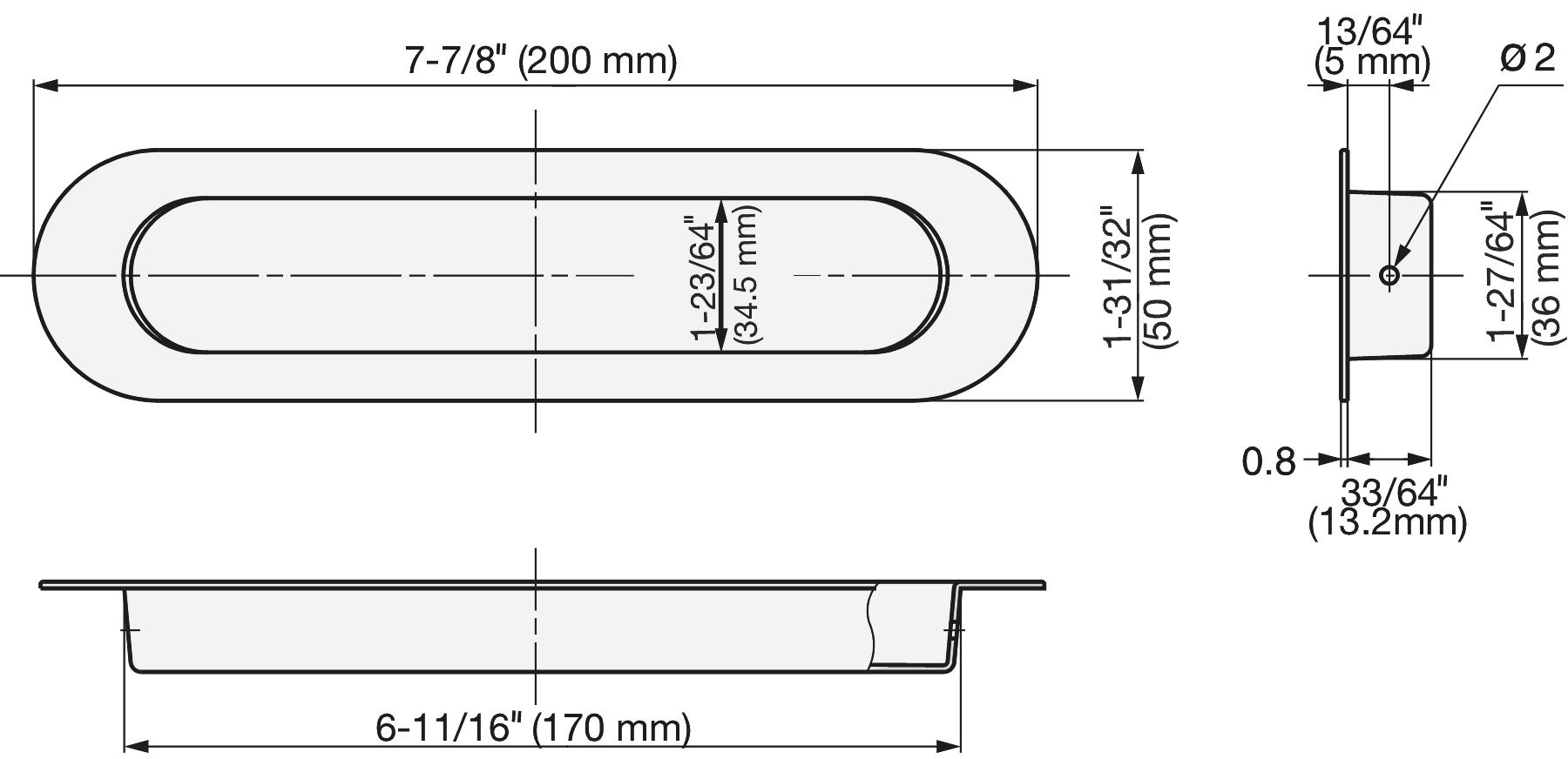 Exclusief ovale RVS handgreepbeker SUS304, 200 mm (7-7/8") HN-200SH. Ovale roestvrijstalen handgreepschaal van roestvrij staal V2A, satijnmat, voor laden, kasten, vochtige omgevingen, schepen, jachten, caravans van Sugatsune / LAMP® (Japan) - Afbeelding 2