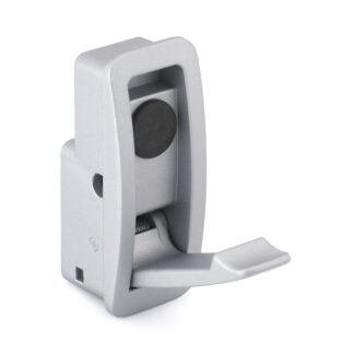 Hoogwaardige veervouwhaak voor inbouw, oppervlak: zilverkleurig, 60 mm (2,4"), uitvoering: met soft-close sluitdemping, NF-60D-MSL. Inklapbare haak met automatische sluiting en soft-close voor caravan, jacht en nog veel meer, van Sugatsune / LAMP® (Japan)