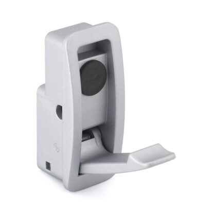 Hoogwaardige veervouwhaak voor inbouw, oppervlak: zilverkleurig, 60 mm (2,4"), uitvoering: met soft-close sluitdemping, NF-60D-MSL. Inklapbare haak met automatische sluiting en soft-close voor caravan, jacht en nog veel meer, van Sugatsune / LAMP® (Japan)