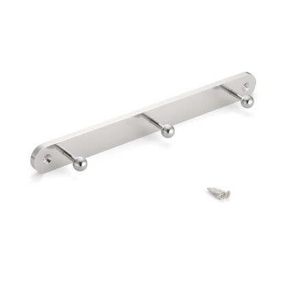 Hoogwaardige kapstok met drie haken, met bolvormige haakpunten, oppervlak: zilverkleurig, 240 mm (9,5"), MBF240-S. Kledingroede voor hal, kantoor, hotel, restaurant, slaapkamer en nog veel meer, van Sugatsune / LAMP® (Japan)