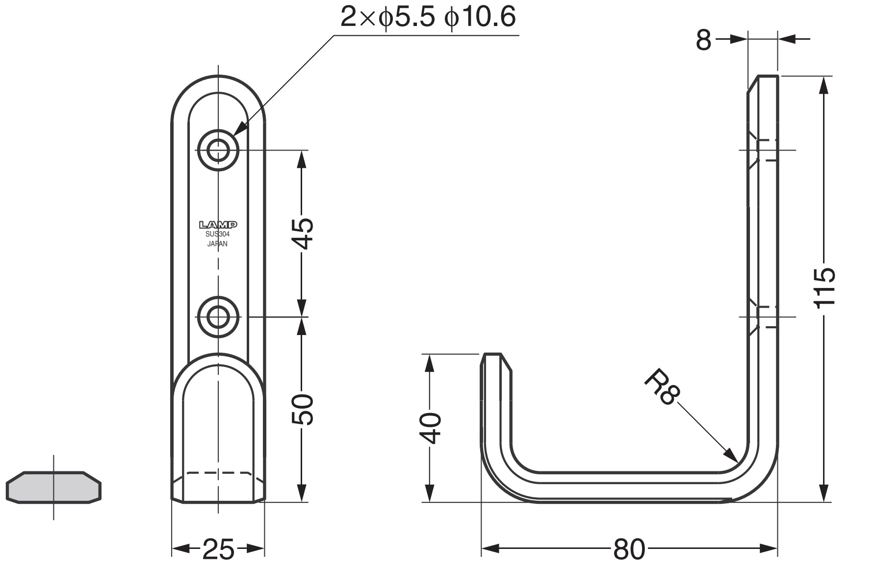 Hoogwaardige grote universele haak, rechthoekig, gemaakt van roestvrij staal, oppervlak: glanzend gepolijst, 115 mm (4,6"), XL-SF-115-M. V2A handdoekhaak voor vochtige omgeving, scheepsbouw, outdoor en nog veel meer, van Sugatsune / LAMP® (Japan) - Afbeelding 2