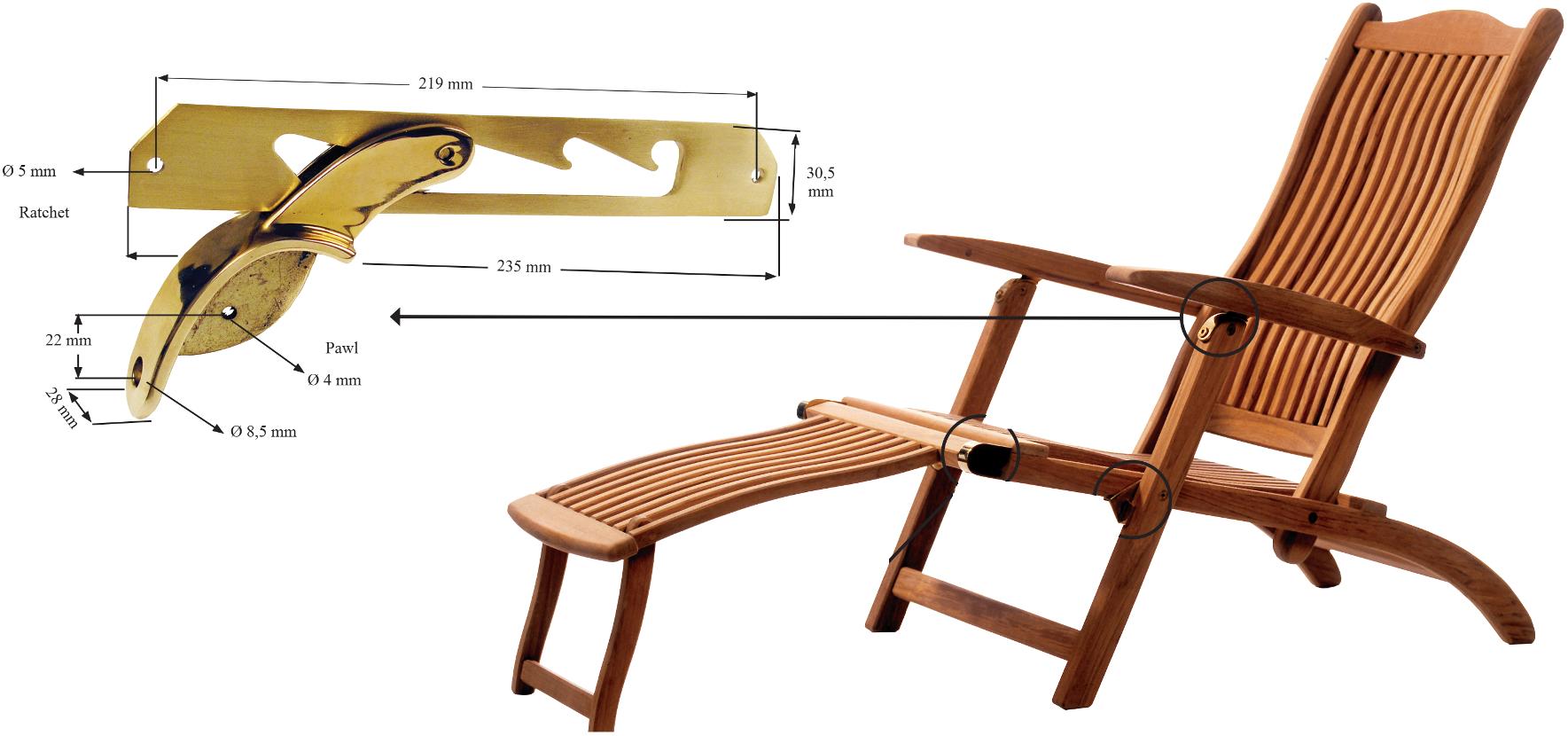2 stuks Hoge kwaliteit koperen klink, glanzend gepolijst, 235 mm (9.3") 04.03.040-0. Ligstoelfitting van koper, glanzend gepolijst, voor ligstoel, ligstoel bij het zwembad, ligstoel, ligstoel, stoomstoel, klapstoel, houten ligstoel, ligstoel, door SISO De - Afbeelding 2