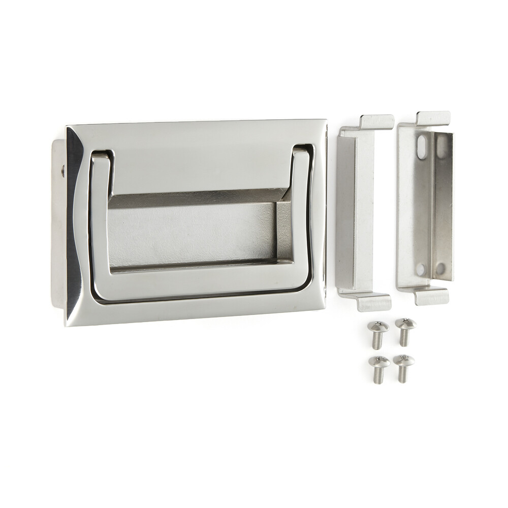 Hoogwaardige opvouwbare roestvrijstalen handgreep voor koffers of dozen van V4A, 150 mm (6″) HCT-150. Klaphandvat gemaakt van het fijnste corrosievrije roestvrij staal V4A (SUS316), geschikt voor vochtige, ruwe en zeer corrosieve omgevingen door Sugatsune