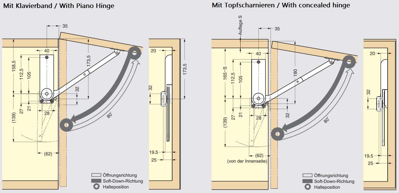 Hoogwaardige klephouder, oppervlak: zwart, versie: rechts, HDS-30KR-BL. Stevige klepondersteuning voor opvouwbare meubels, keukenmeubels en nog veel meer, door Sugatsune / LAMP® (Japan) - Afbeelding 3
