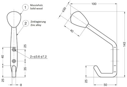 Hoogwaardige klassieke wandkapstokhaak, met massief houten haakpunt, draagvermogen: 15 kg, 143 mm (5,7"), SW-B-140WB. Massief houten haken voor kledingkast, hal, woonkamer en nog veel meer, van Sugatsune / LAMP® (Japan) - Afbeelding 2