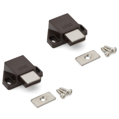 2 stuks compacte magnetische kliksluiting, incl. contraplaat, oppervlak: bruin, 25 mm (63/64"), ML-30SBR. Ruimtebesparende push-to-open deuropener voor meubeldeuren, kastdeuren en nog veel meer, van Sugatsune / LAMP® (Japan)