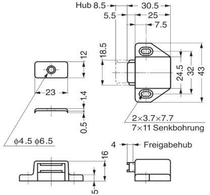 2 stuks compacte magnetische kliksluiting, incl. contraplaat, oppervlak: bruin, 25 mm (63/64"), ML-30SBR. Ruimtebesparende push-to-open deuropener voor meubeldeuren, kastdeuren en nog veel meer, van Sugatsune / LAMP® (Japan) - Afbeelding 2