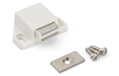 2 stuks compacte magnetische kliksluitingen, incl. contraplaat, oppervlak: wit, 25 mm (63/64"), ML-30SW. Ruimtebesparende push-to-open deuropener voor meubeldeuren, kastdeuren en nog veel meer, van Sugatsune / LAMP® (Japan) - Afbeelding 3