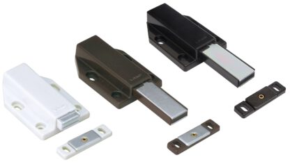 2 stuks magnetische druksluitingen, incl. contraplaat, oppervlak: wit, 70 mm (2-3/4"), uitvoering: met lange plunjer, ML-120W. Push-to-open deuropener voor meubeldeuren, kastdeuren en nog veel meer, van Sugatsune / LAMP® (Japan) - Afbeelding 4