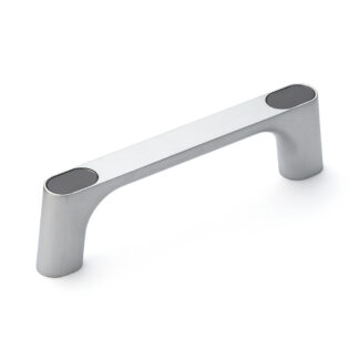 Hoogwaardige massieve zinklegering (ZDC) handgreep, verchroomd, satijn mat met grijze afdekkappen, 145 mm (5,8") KMH-120-GR. Machinehandgreep KMH-120-GR voor industriële kast, productie-installatie, machinebouw, door Sugatsune / LAMP® (Japan)