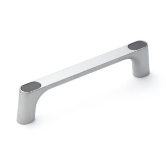 Hoogwaardige massieve zinklegering (ZDC) handgreep, verchroomd, satijn mat met grijze afdekkappen, 175 mm (6,9") KMH-150-GR. Machinehandgreep KMH-150-GR voor industriële kast, productie-installatie, machinebouw, door Sugatsune / LAMP® (Japan)