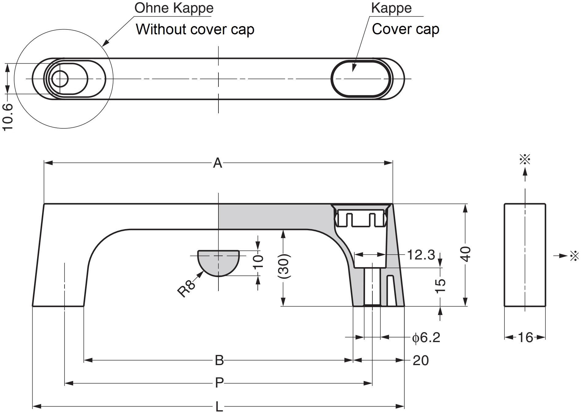Hoogwaardige massieve zinklegering (ZDC) handgreep, verchroomd, satijn mat met lichtblauwe afdekdoppen, 175 mm (6,9") KMH-150-BU. Machinehandgreep KMH-150-BU voor industriële kast, productie-installatie, machinebouw, door Sugatsune / LAMP® (Japan) - Afbeelding 2