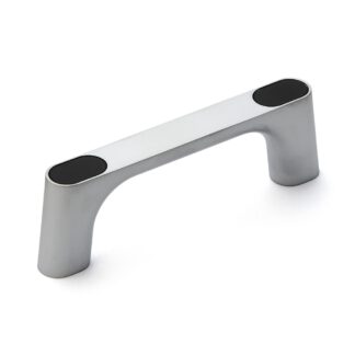 Hoogwaardige massieve zinklegering (ZDC) handgreep, verchroomd, satijn mat met zwarte afdekkappen, 125 mm (5") KMH-100-BL. Machinehandgreep KMH-100-BL voor industriële kast, productie-installatie, machinebouw, door Sugatsune / LAMP® (Japan)