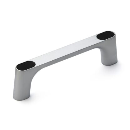 Hoogwaardige massieve zinklegering (ZDC) handgreep, verchroomd, satijn mat met zwarte afdekkappen, 145 mm (5,8") KMH-120-BL. Machinehandgreep KMH-120-BL voor industriële kast, productie-installatie, machinebouw, door Sugatsune / LAMP® (Japan)