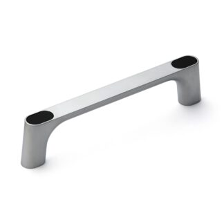 Hoogwaardige massieve zinklegering (ZDC) handgreep verchroomd, satijn mat met zwarte afdekkappen, 175 mm (6,9") KMH-150-BL. Machinehandgreep KMH-150-BL voor industriële kast, productie-installatie, machinebouw, door Sugatsune / LAMP® (Japan)