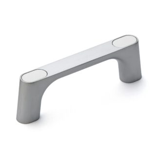 Hoogwaardige massieve zinklegering (ZDC) handgreep, verchroomd, satijn mat met witte afdekkappen, 125 mm (5") KMH-100-WT. Machinehandgreep KMH-100-WT voor industriële kast, productie-installatie, machinebouw, door Sugatsune / LAMP® (Japan)