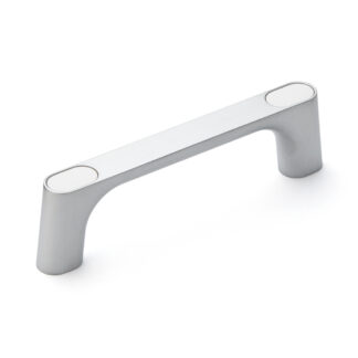 Hoogwaardige massieve zinklegering (ZDC) handgreep, verchroomd, satijn mat met witte afdekkappen, 145 mm (5,8") KMH-120-WT. Machinehandgreep KMH-120-WT voor industriële kast, productie-installatie, machinebouw, door Sugatsune / LAMP® (Japan)