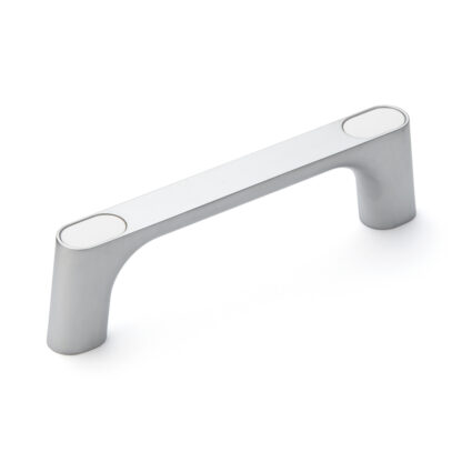 Hoogwaardige massieve zinklegering (ZDC) handgreep, verchroomd, satijn mat met witte afdekkappen, 145 mm (5,8") KMH-120-WT. Machinehandgreep KMH-120-WT voor industriële kast, productie-installatie, machinebouw, door Sugatsune / LAMP® (Japan)