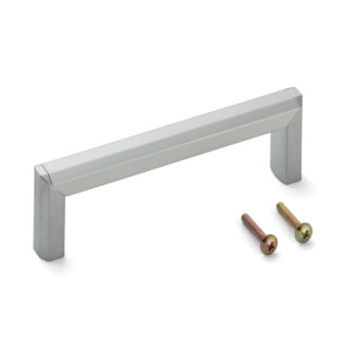 Hoogwaardige massieve meubelgreep gemaakt van zinklegering (ZDC) en aluminiumlegering, verchroomd, satijnmat, 141 mm (5,6") XLA-HA128. XLA-HA128 zinklegering (ZDC) en aluminiumlegering kast handvat voor meubels, door Sugatsune / LAMP® (Japan)