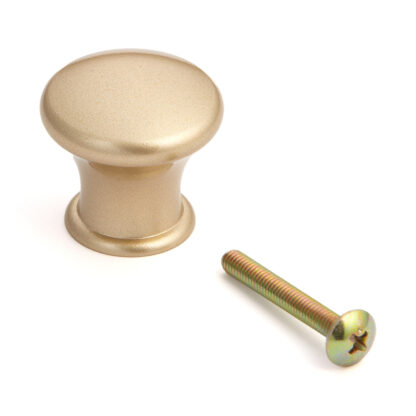 Hoogwaardige meubelknopgreep van robuust aluminiumlegering, oppervlak: goudkleurig, satijnmat, 28 mm (1,2") KK-T28SSG. Handgreepknop KK-T28SSG voor lade, meubeldeur, keukenkast, kantoorkast en nog veel meer, van Sugatsune / LAMP® (Japan)