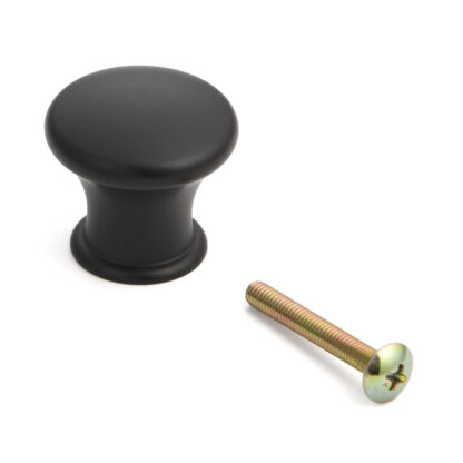 Hoogwaardige meubelknopgreep gemaakt van robuuste aluminiumlegering, oppervlak: zwart gelakt, 28 mm (1,2") KK-T28BL. Handgreepknop KK-T28BL voor lade, meubeldeur, keukenkast, kantoorkast en nog veel meer, van Sugatsune / LAMP® (Japan)