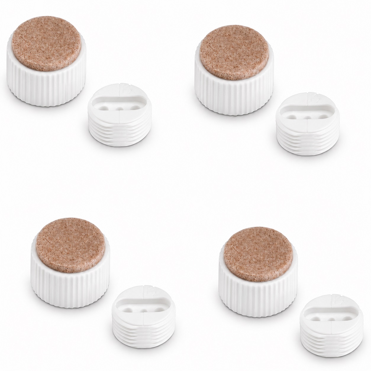 4 stevige meubeladjusters, laadvermogen: 600 kg, oppervlak: wit, ⌀25 mm (63/64"), versie: met vilten pad, B573-25-WH. Verstelbare basis voor meubels, tafel, kast, tafelpoten en nog veel meer, door Kojima (Japan)