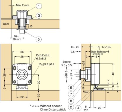 Drukknopsluiting voor dikke meubeldeuren van 22 tot 25 mm, oppervlak: bruin, SL-B251-BR. Push-Latch voor RV Ombouw, Jacht Interieur, Caravan Meubels en nog veel meer, door Sugatsune / LAMP® (Japan) - Afbeelding 2