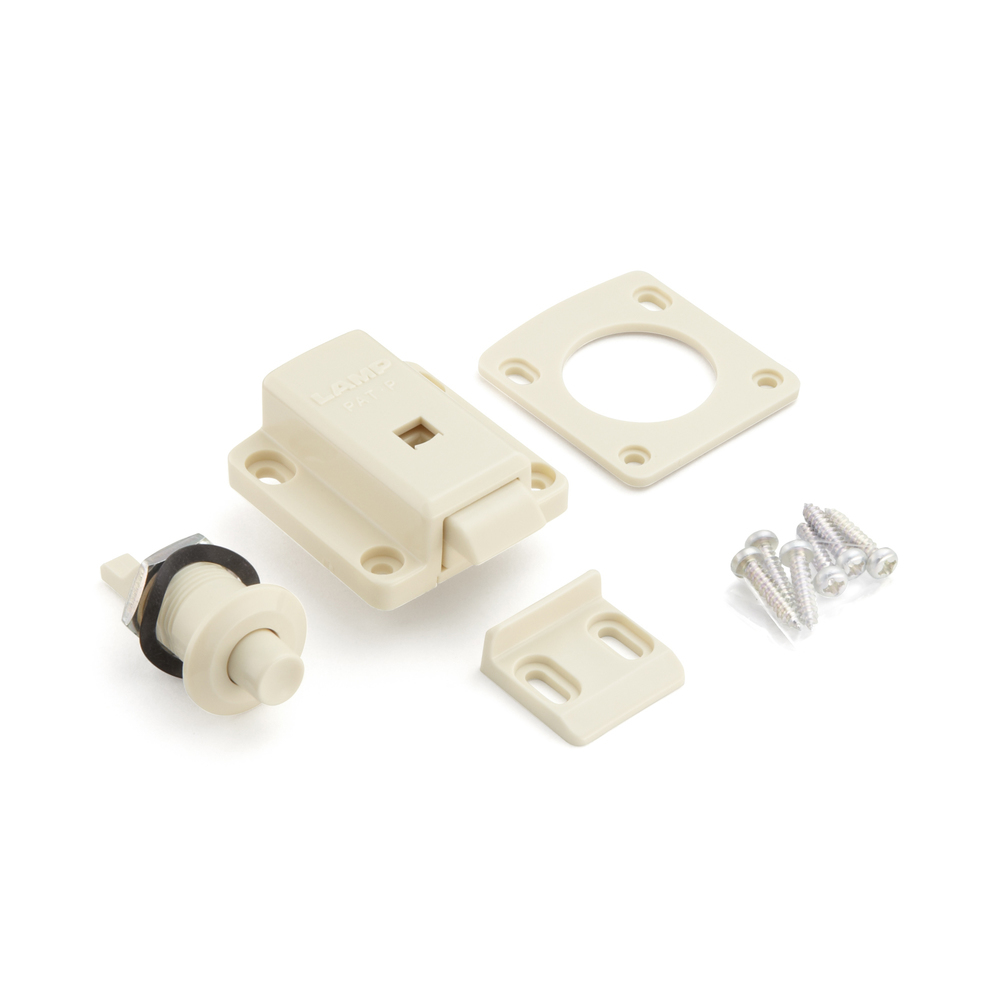Drukknopsluiting voor dikke meubeldeuren van 22 tot 25 mm, oppervlak: ivoor, SL-B251-I. Push-Latch voor RV Ombouw, Jacht Interieur, Caravan Meubels en nog veel meer, door Sugatsune / LAMP® (Japan)