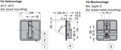 Hoogwaardige vouwhaak met vierkante veer voor uitsparing, oppervlak: verchroomd, 64 mm (2,6"), NF-K64-CR. Vierkante vouwhaak met automatische sluiting, voor tinyhouse, camper, jacht en nog veel meer, van Sugatsune / LAMP® (Japan) - Afbeelding 5