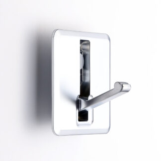 Hoogwaardige haak met vierkante veer voor uitsparing, oppervlak: verchroomd, mat gesatineerd, 64 mm (2,6"), NF-K64-SCR. Vierkante vouwhaak met automatische sluiting, voor tinyhouse, camper, jacht en nog veel meer, van Sugatsune / LAMP® (Japan)